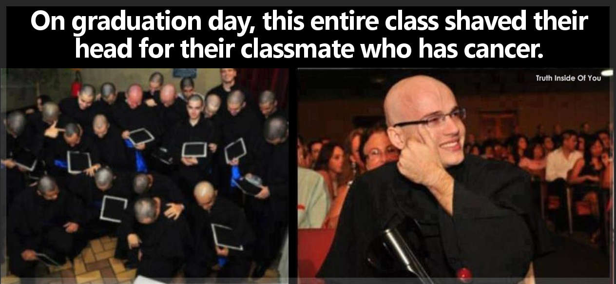 On graduation day, this entire class shaved their head for their classmate who has cancer.