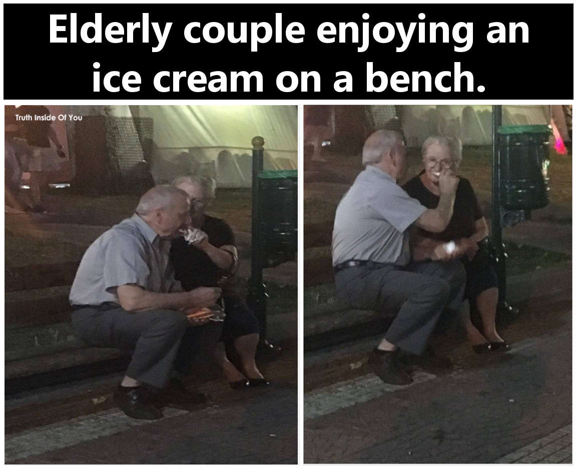Elderly couple enjoying an ice cream on a bench