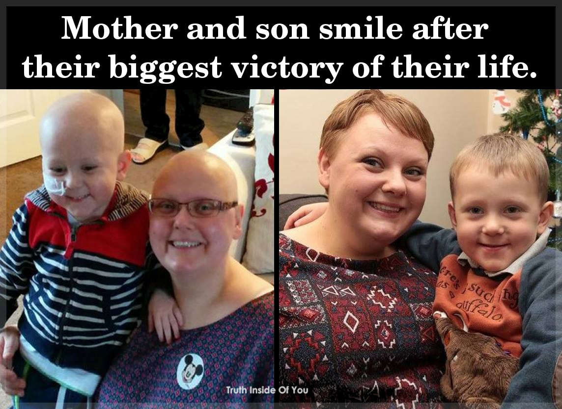 Mother and son smile after their biggest victory of their life.