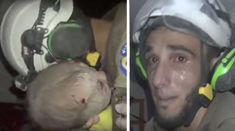 Syrian Rescuer Digs For 2 Hrs To Rescue Baby Girl, Bursts Into Tears The Moment He Finally Holds Her Safely.