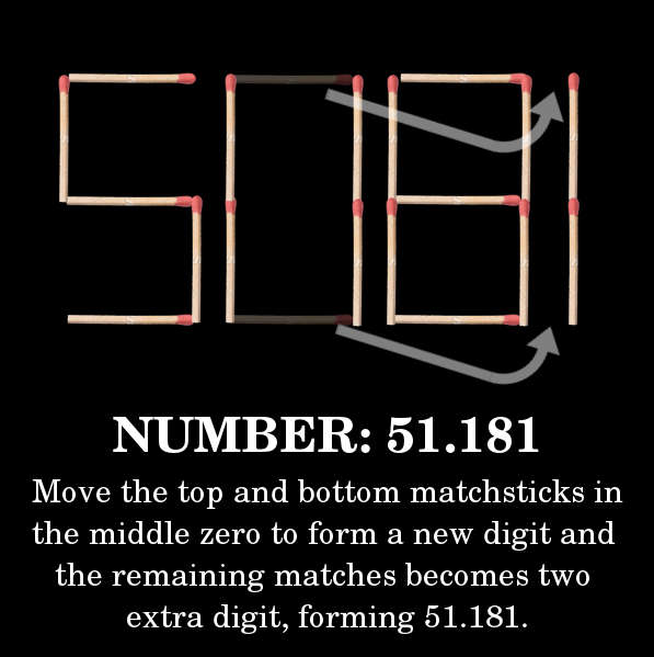 Move the top and bottom matchsticks in the middle zero to form a new digit and the remaining matches becomes two extra digit, forming 51.181.