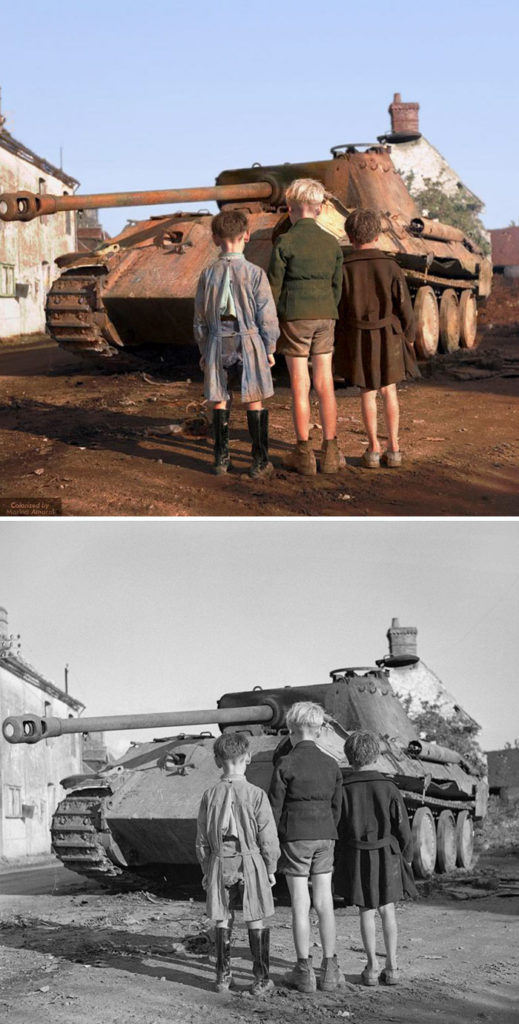 Three French Boys Looking At A Knocked-out German Panther Tank