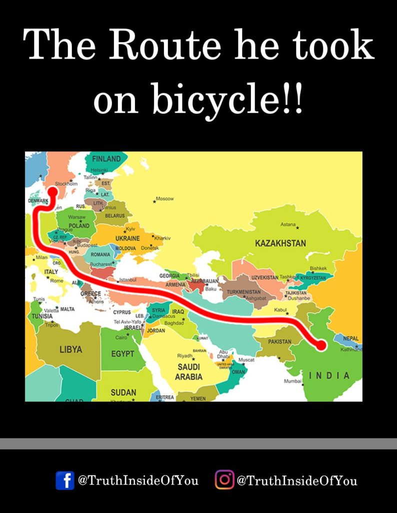 The Route he took on bicycle!