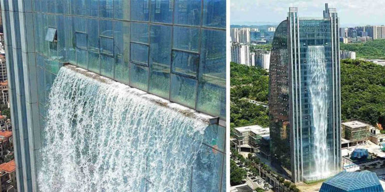 This 350 Feet Waterfall Flows From a Skyscraper In China