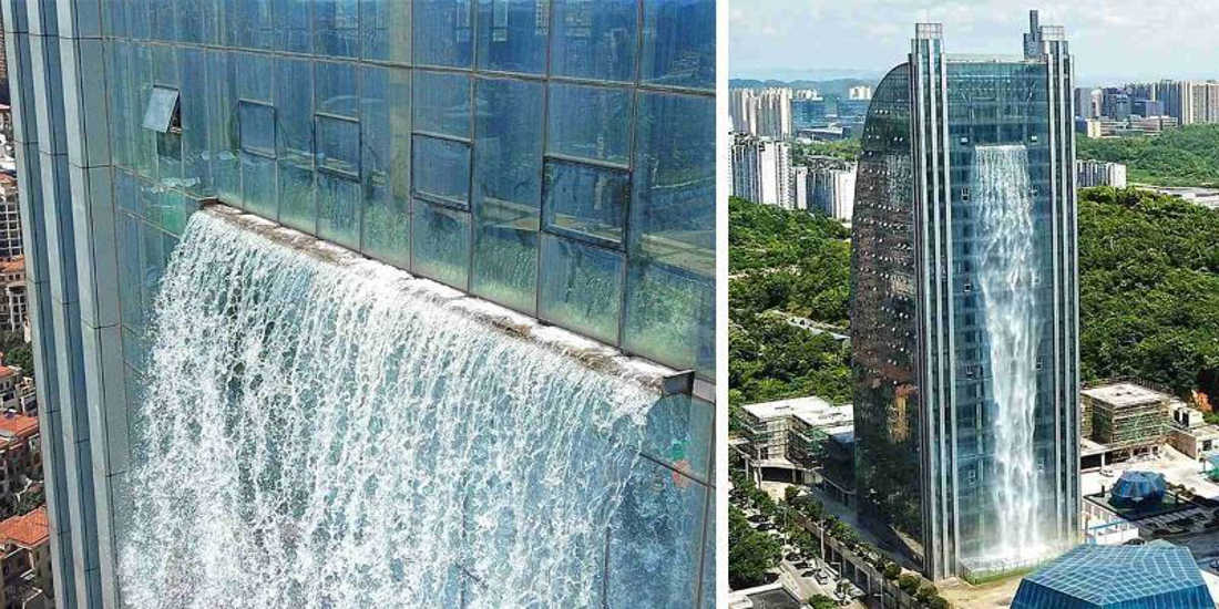 This 350 Feet Waterfall Flows From a Skyscraper In China