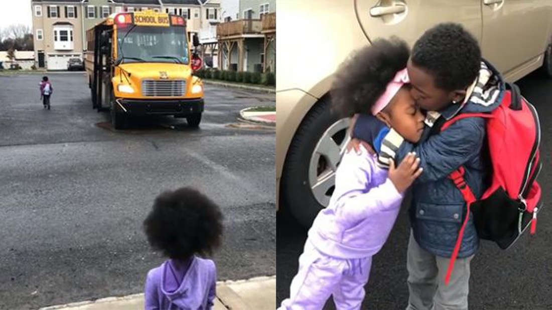 Little Sister Waits For Her Big Brother To Get Off The School Bus