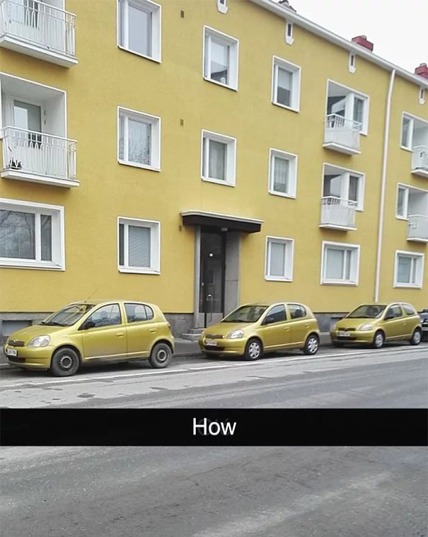 17. Three Cars Of The Same Make, Model, And Ugly Color Parked In Front Of A Building With The Same Ugly Color