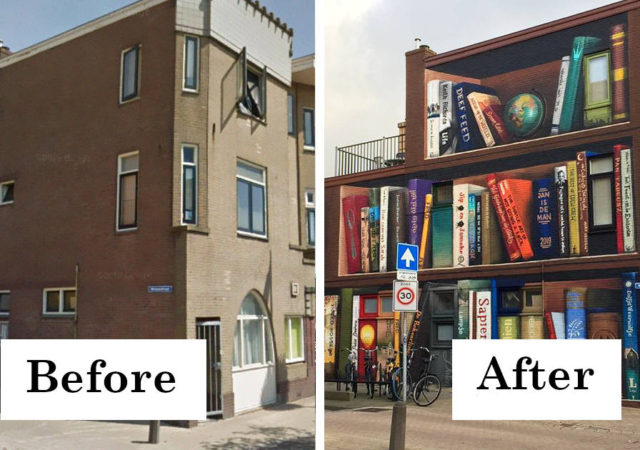 Dutch Artist Paints A Giant Bookcase On The Walls Of A Building And People Are Amazed