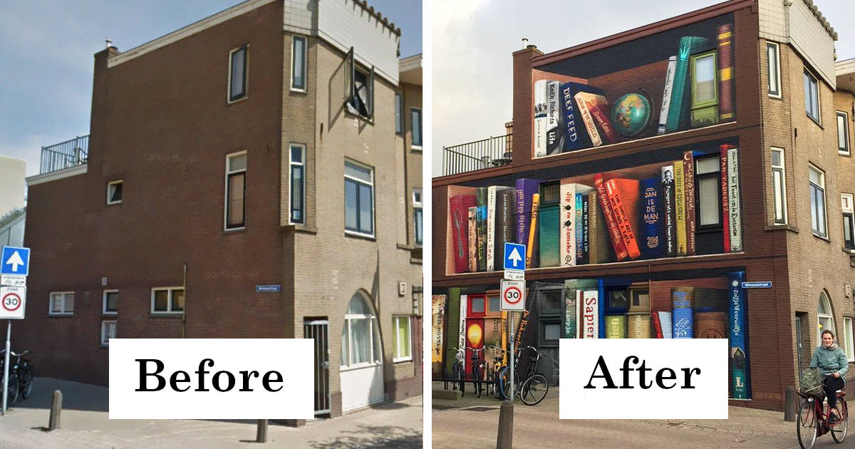 Dutch Artist Paints A Giant Bookcase On The Walls Of A Building And People Are Amazed