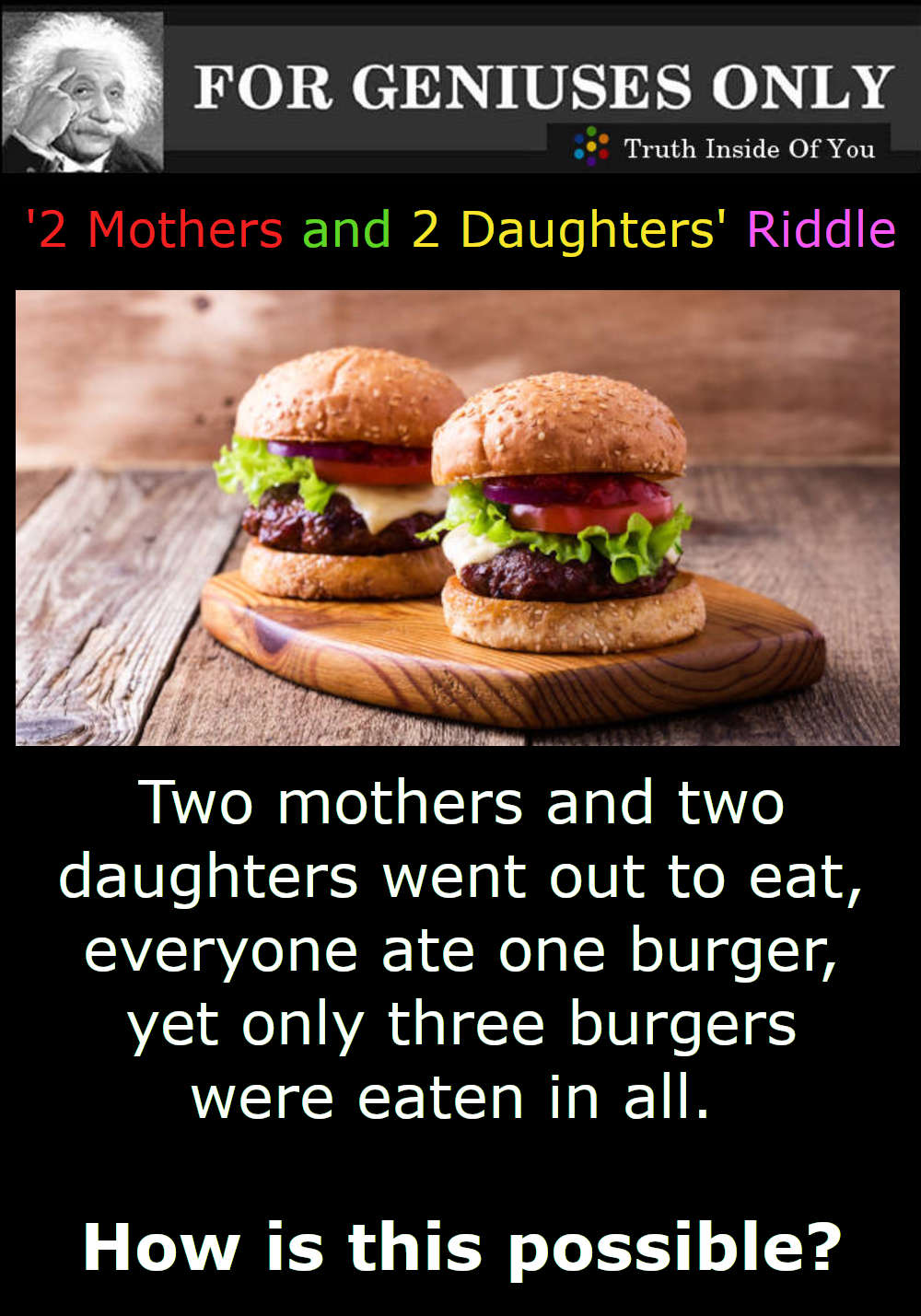 Two mothers and two daughters went out to eat, everyone ate one burger, yet only three burgers were eaten in all. How is this possible?