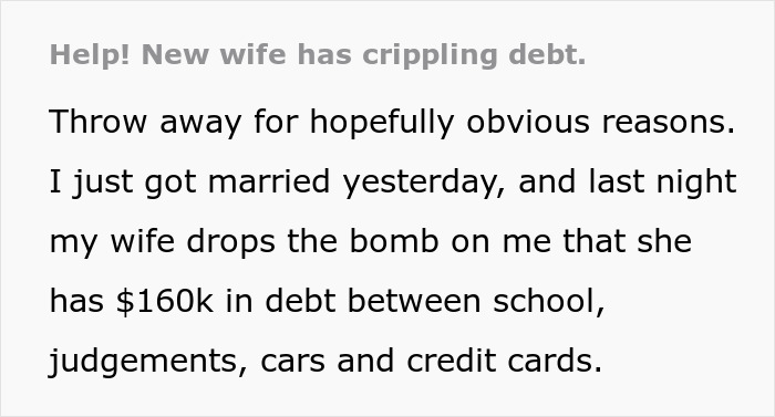 Woman Confesses To Having A Crippling Debt The Day After The Wedding, Gets Dumped 1