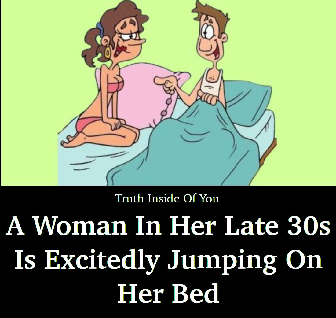 A Woman In Her Late 30s Is Excitedly Jumping On Her Bed