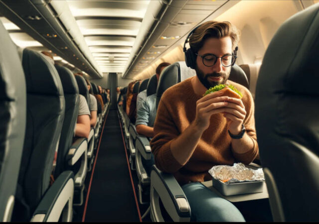 Man wonders if he's a jerk for eating burger next to vegetarian during flight.
