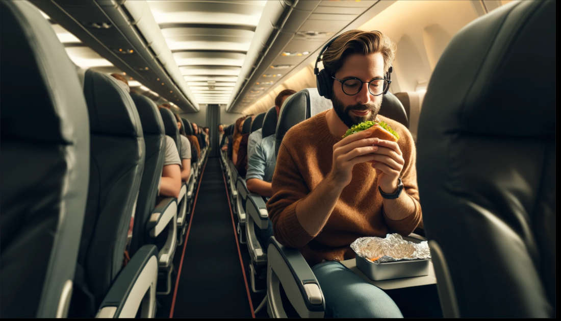 Man wonders if he's a jerk for eating burger next to vegetarian during flight.