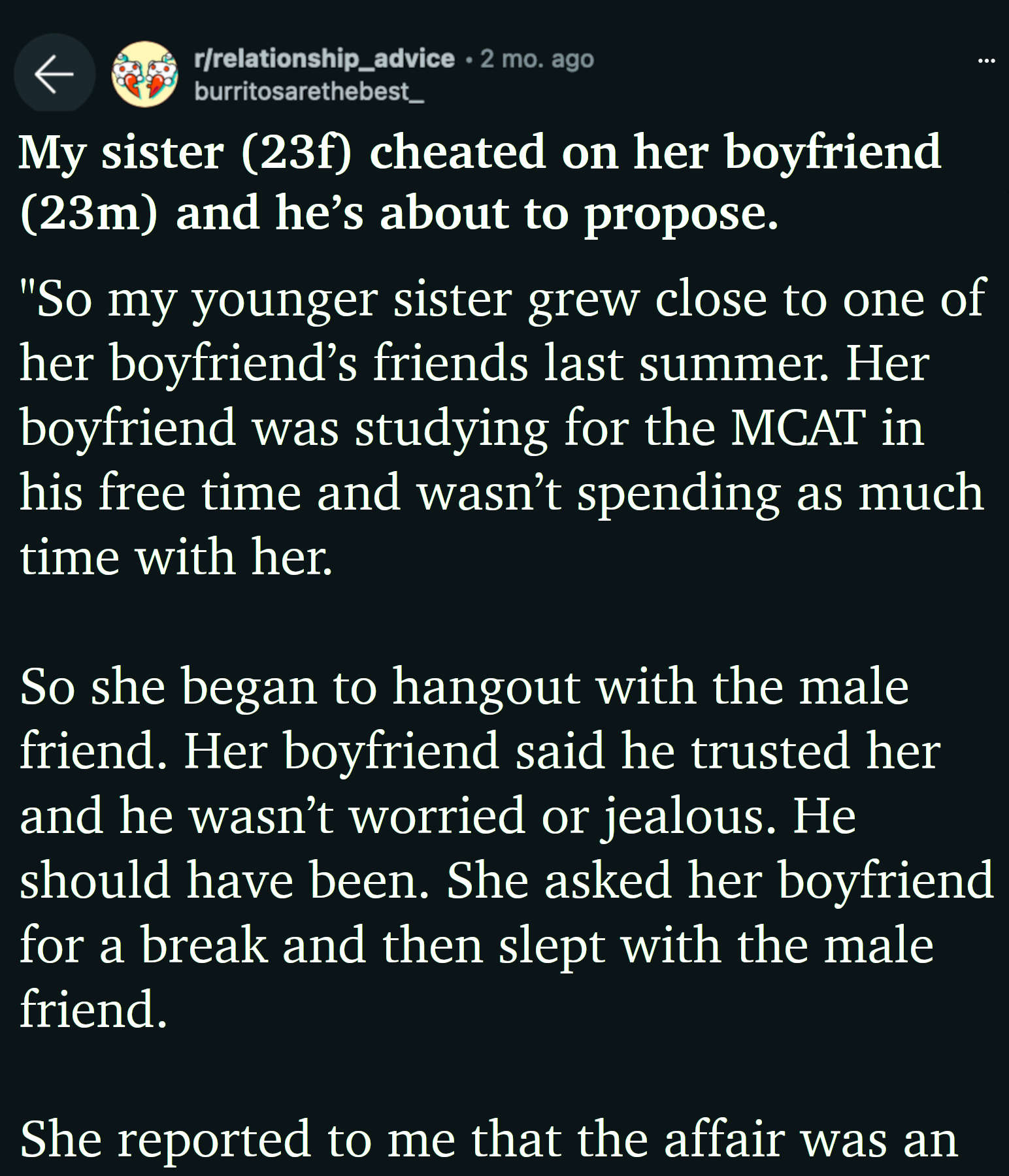 My sister (23f) cheated on her boyfriend (23m) and he’s about to propose